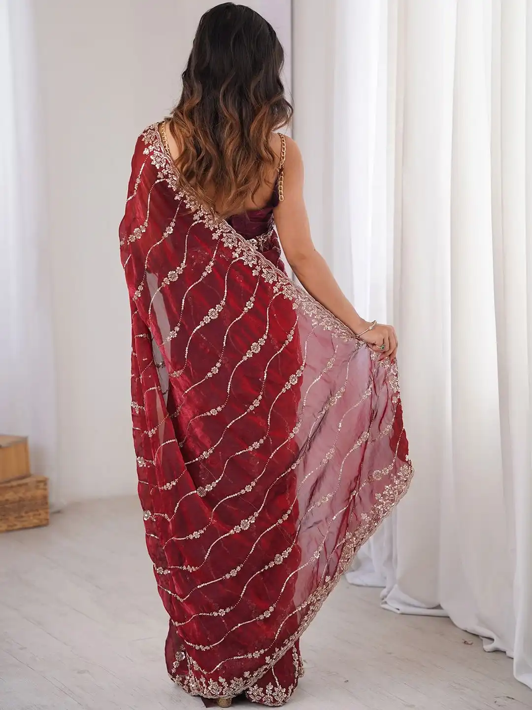 Maroon Premium Fandy Satin Silk Saree with Gold Beads, Cutdana, Sequins Embroidery Work (SC35119) - Image 4