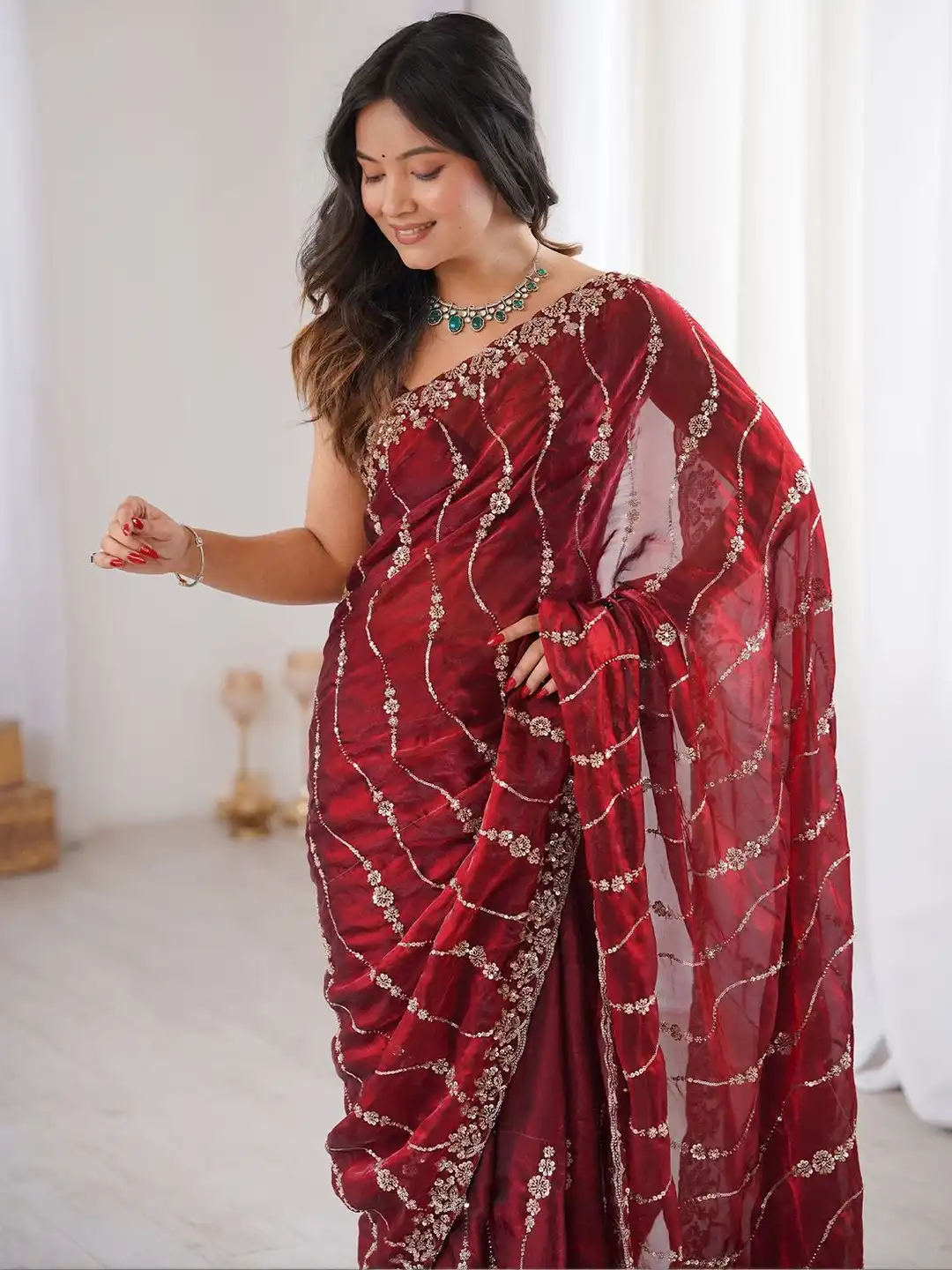 Maroon Premium Fandy Satin Silk Saree with Gold Beads, Cutdana, Sequins Embroidery Work (SC35119) - Image 3