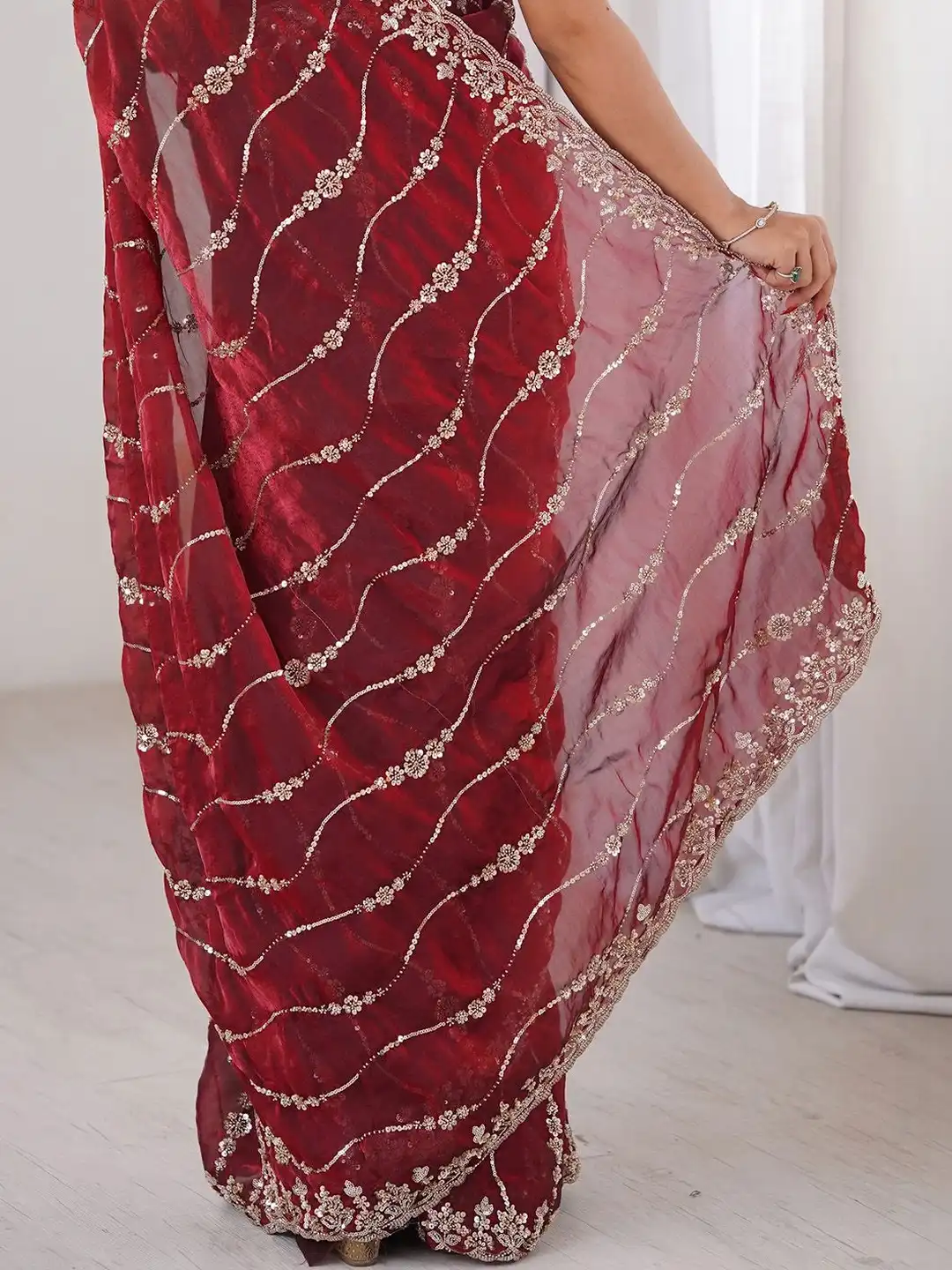 Maroon Premium Fandy Satin Silk Saree with Gold Beads, Cutdana, Sequins Embroidery Work (SC35119) - Image 5