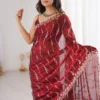 Maroon Premium Fandy Satin Silk Saree with Gold Beads, Cutdana, Sequins Embroidery Work (SC35119)