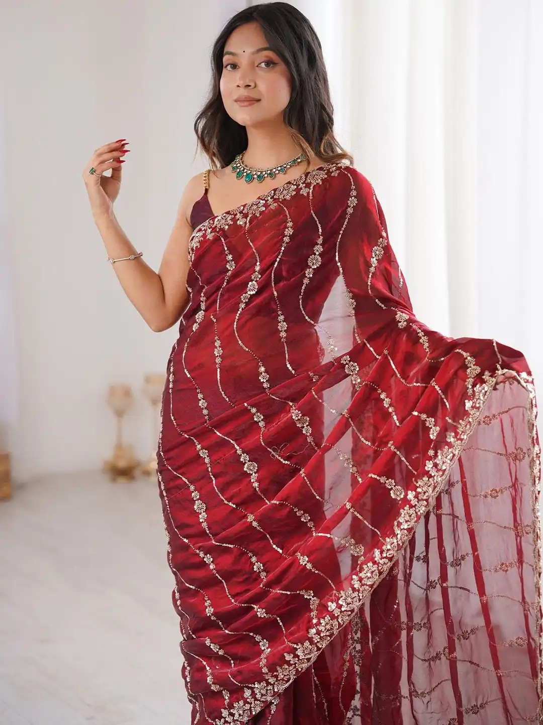 Maroon Premium Fandy Satin Silk Saree with Gold Beads, Cutdana, Sequins Embroidery Work (SC35119)