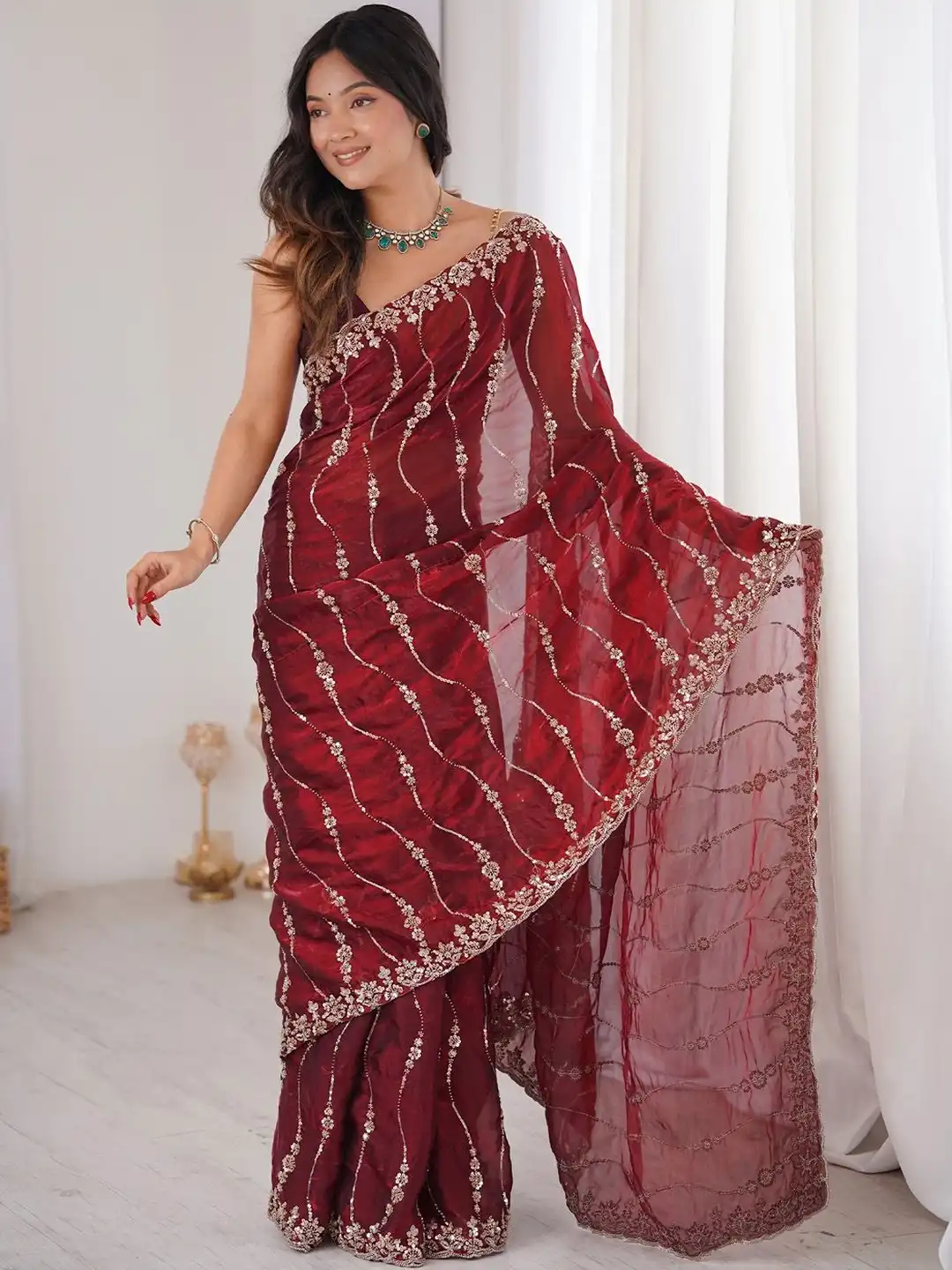 Maroon Premium Fandy Satin Silk Saree with Gold Beads, Cutdana, Sequins Embroidery Work (SC35119) - Image 2