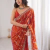 Rust Orange Premium Fandy Satin Silk Saree with Gold Beads, Cutdana, Sequins Embroidery Work (SC35120)