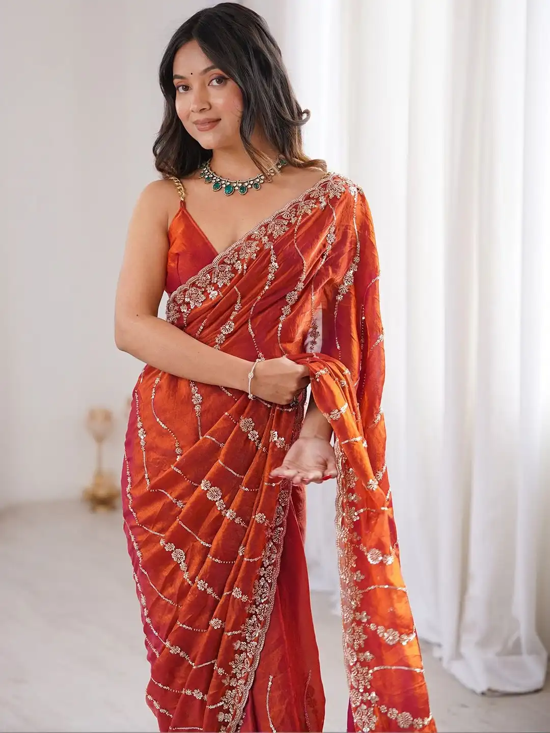 Rust Orange Premium Fandy Satin Silk Saree with Gold Beads, Cutdana, Sequins Embroidery Work (SC35120)