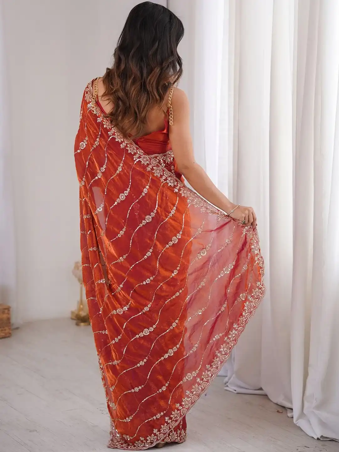 Rust Orange Premium Fandy Satin Silk Saree with Gold Beads, Cutdana, Sequins Embroidery Work (SC35120) - Image 5