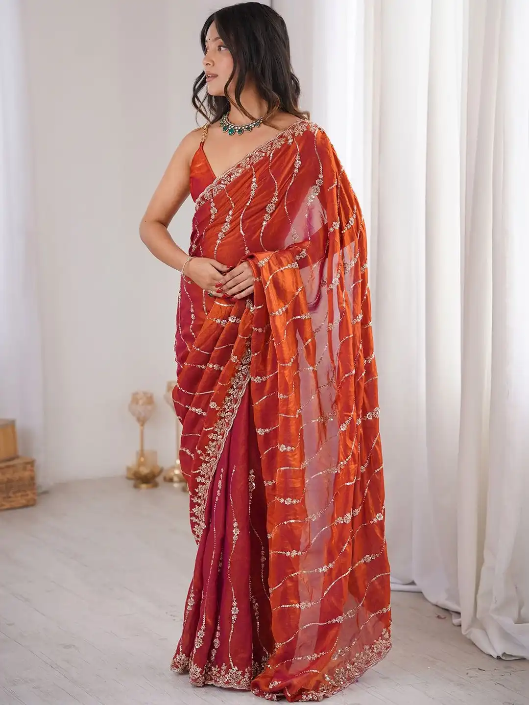Rust Orange Premium Fandy Satin Silk Saree with Gold Beads, Cutdana, Sequins Embroidery Work (SC35120) - Image 2