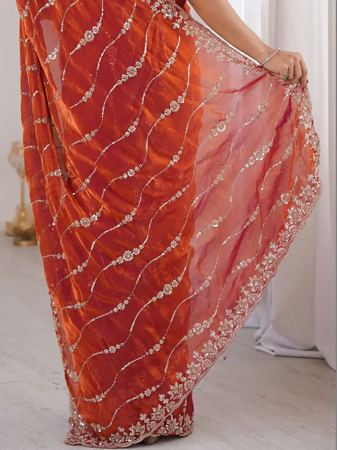 Rust Orange Premium Fandy Satin Silk Saree with Gold Beads, Cutdana, Sequins Embroidery Work (SC35120) - Image 6