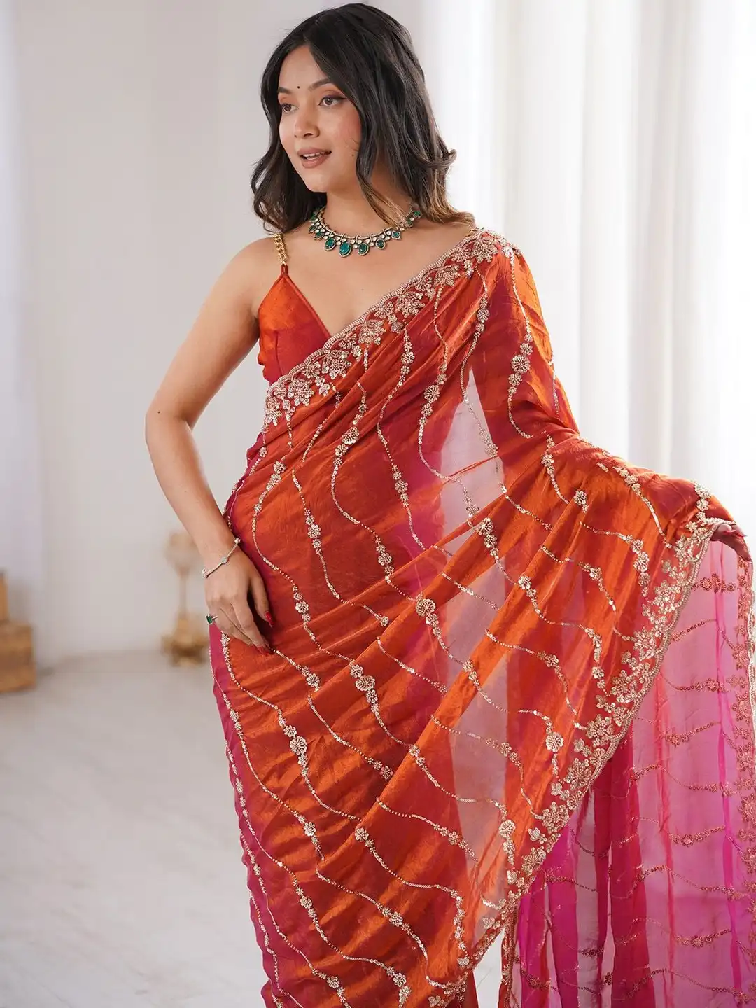 Rust Orange Premium Fandy Satin Silk Saree with Gold Beads, Cutdana, Sequins Embroidery Work (SC35120) - Image 4