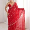 Red Premium Fandy Satin Silk Saree with Gold Beads, Cutdana, Sequins Embroidery Work (SC35118)