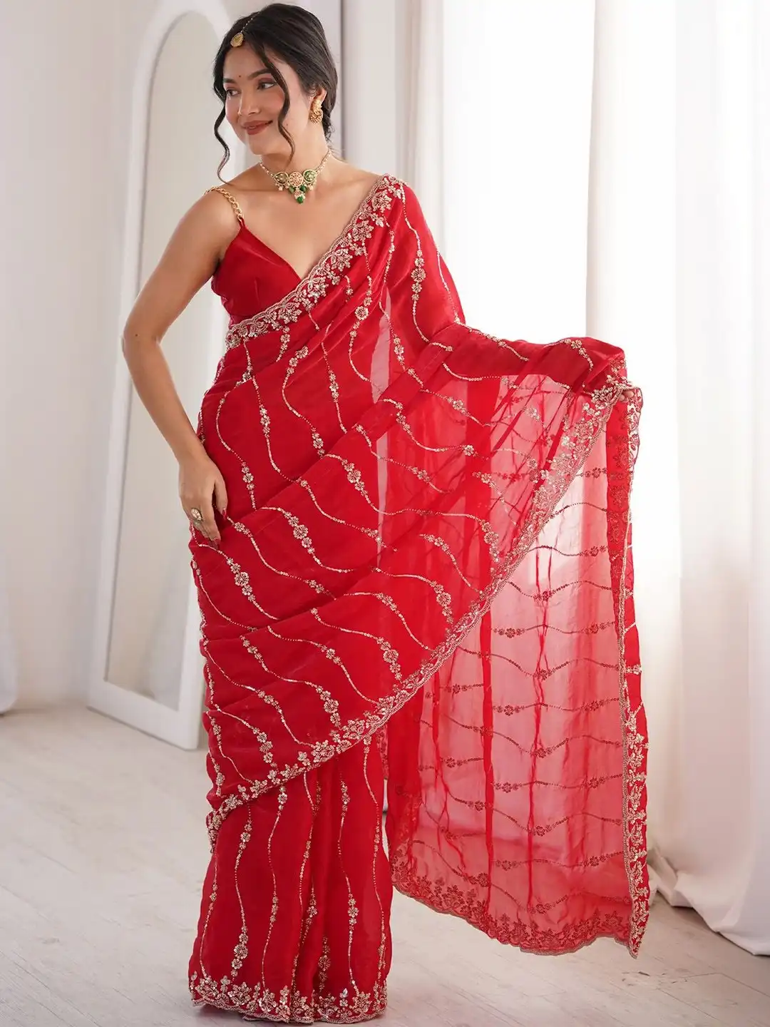 Red Premium Fandy Satin Silk Saree with Gold Beads, Cutdana, Sequins Embroidery Work (SC35118)