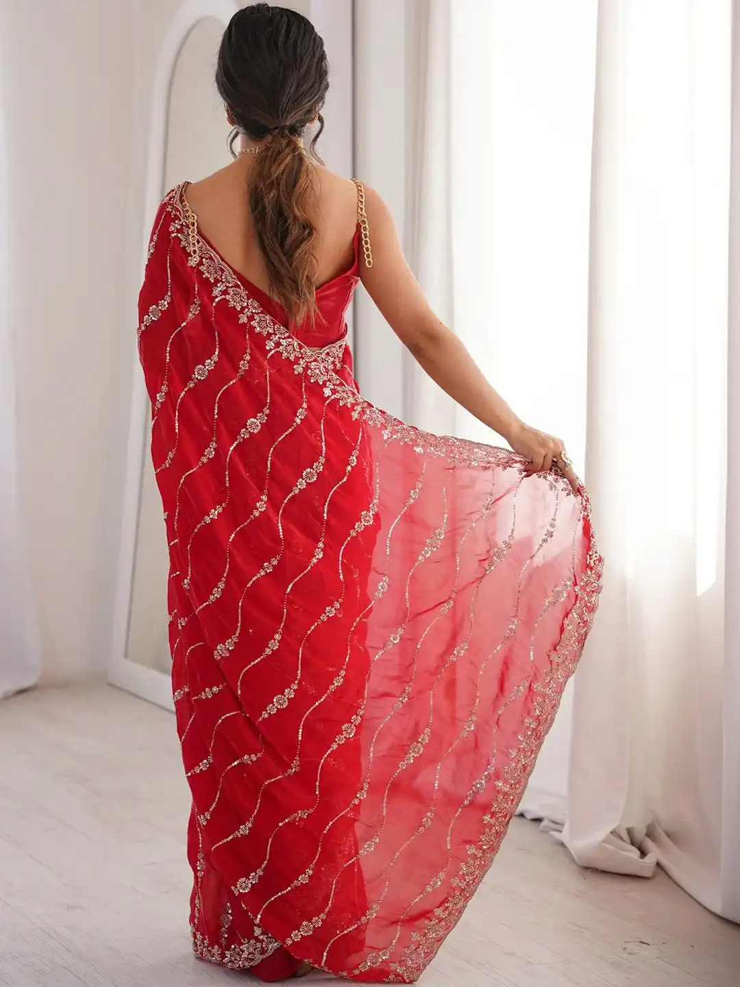 Red Premium Fandy Satin Silk Saree with Gold Beads, Cutdana, Sequins Embroidery Work (SC35118) - Image 4