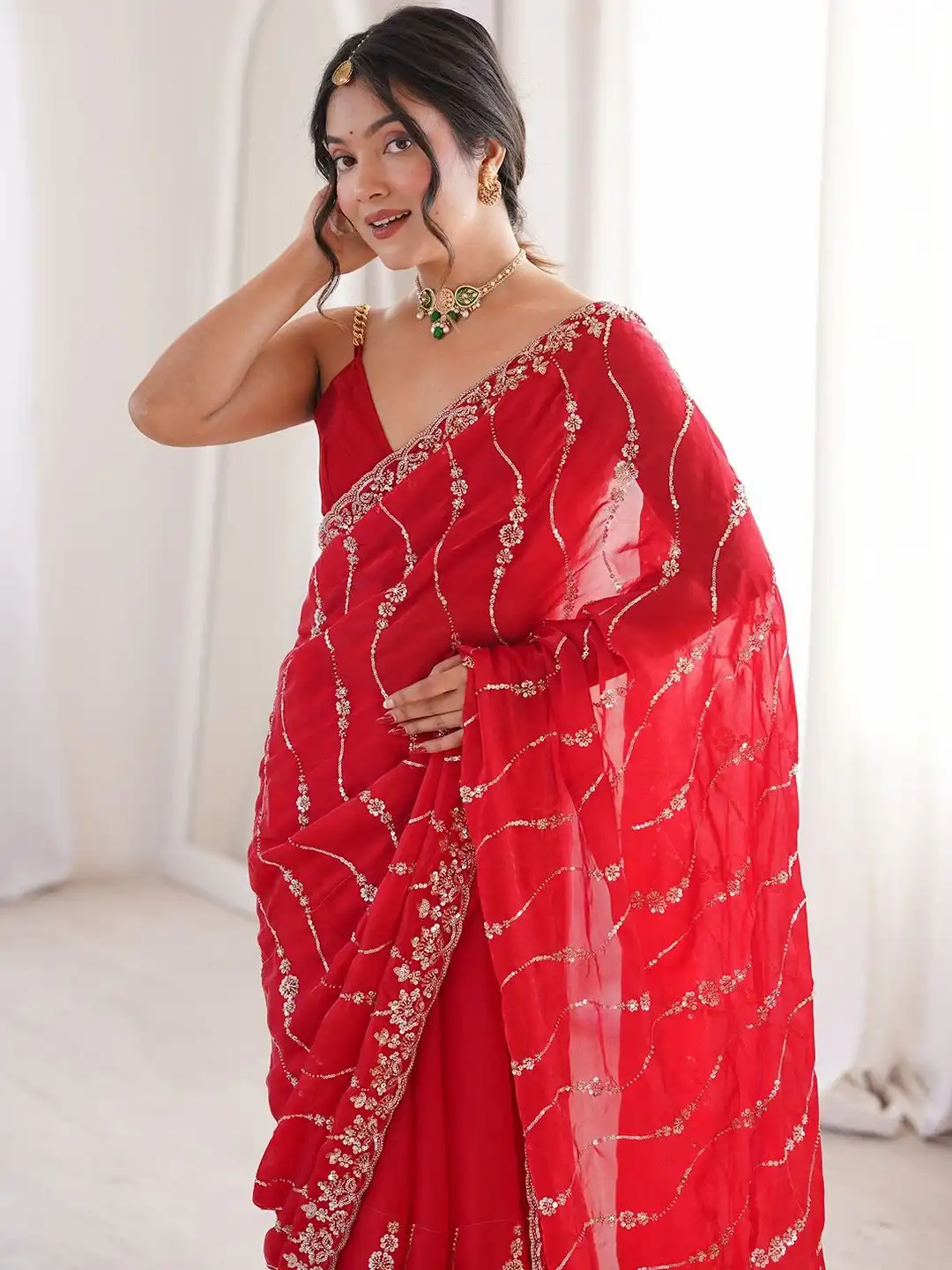 Red Premium Fandy Satin Silk Saree with Gold Beads, Cutdana, Sequins Embroidery Work (SC35118) - Image 2