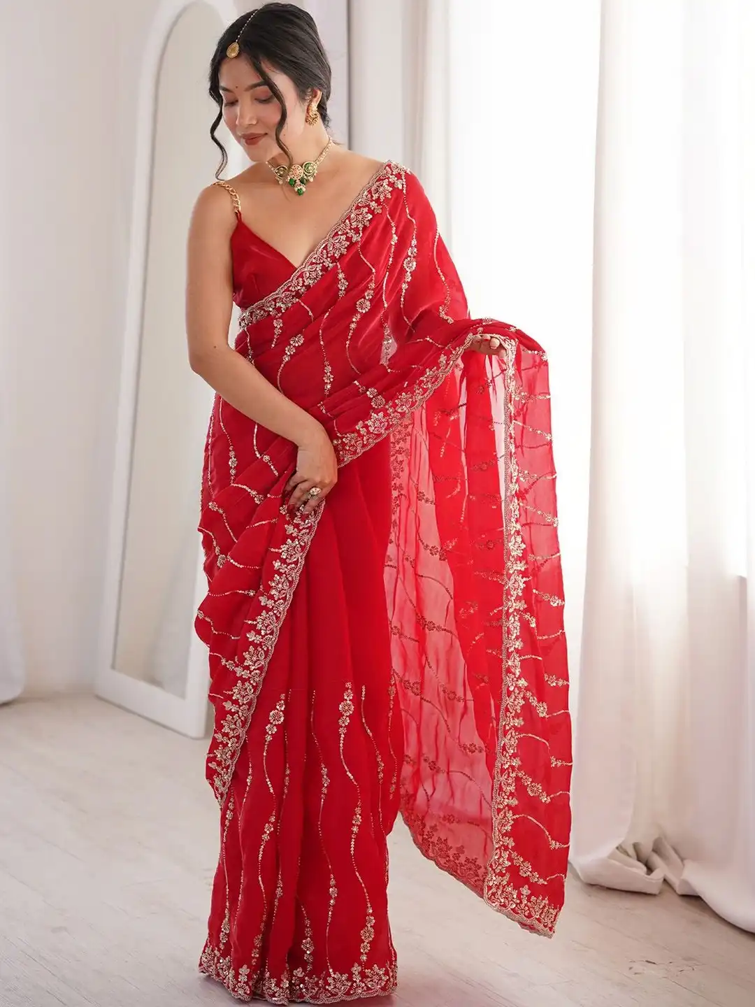 Red Premium Fandy Satin Silk Saree with Gold Beads, Cutdana, Sequins Embroidery Work (SC35118) - Image 3