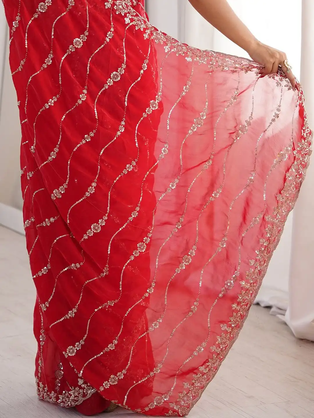 Red Premium Fandy Satin Silk Saree with Gold Beads, Cutdana, Sequins Embroidery Work (SC35118) - Image 5