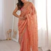 Peach Premium Fandy Satin Silk Saree with Gold Beads, Cutdana, Sequins Embroidery Work (SC35113)