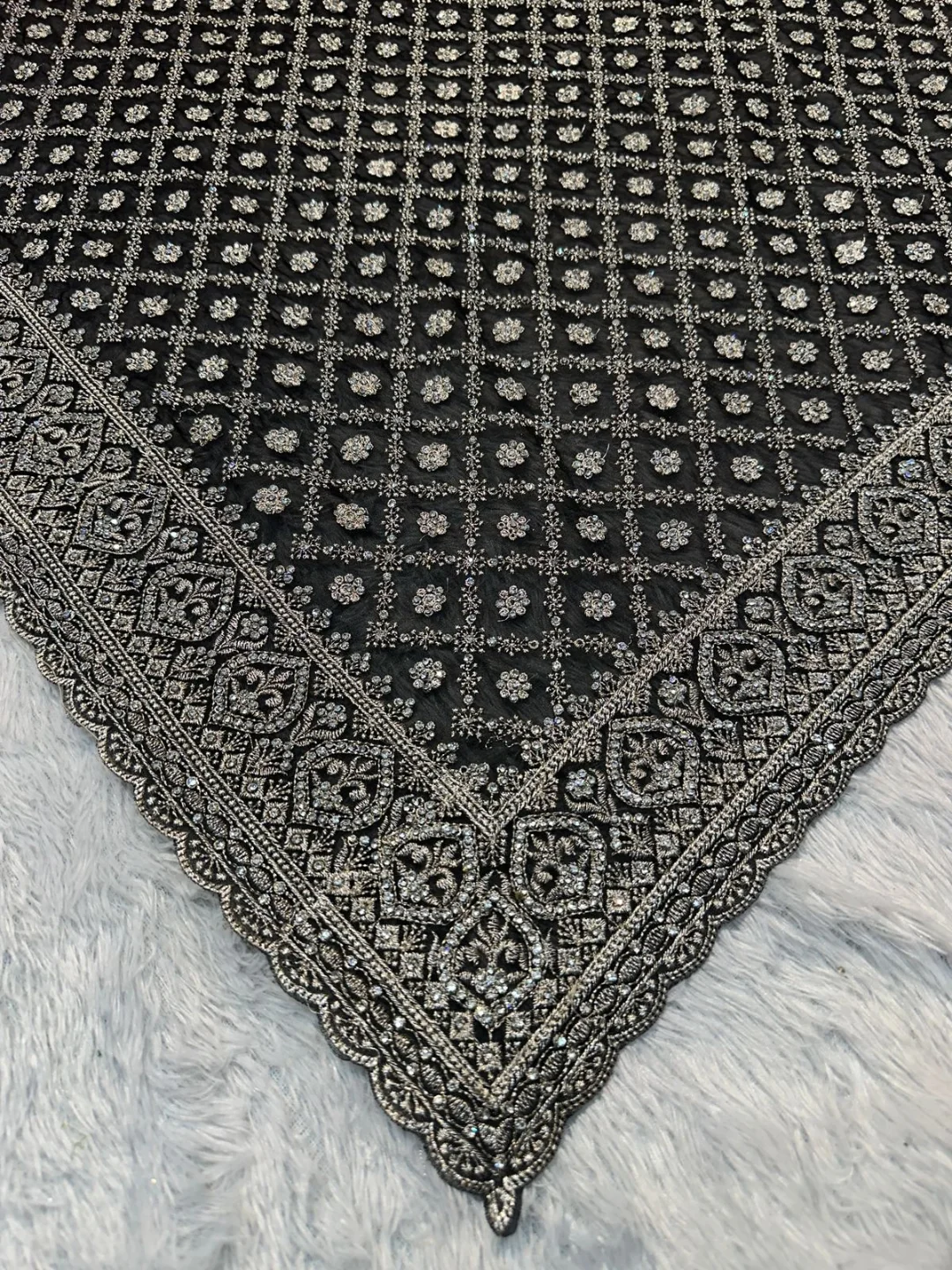Luxury Black Georgette Saree with Zari, Jarkan Stone Embroidery Work All over Saree (SC91212) - Image 4