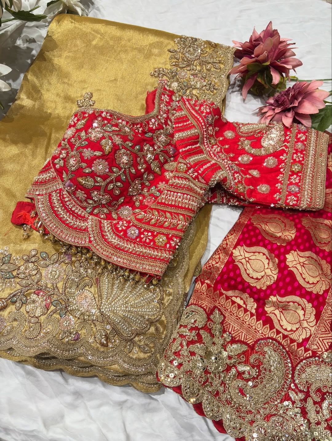 Royal Golden Designer Saree with Paisley Embroidery Pearl, Dori, Thread, Sequins and Cutdana Beads Work With Dupatta & Readymade Blouse - Image 15