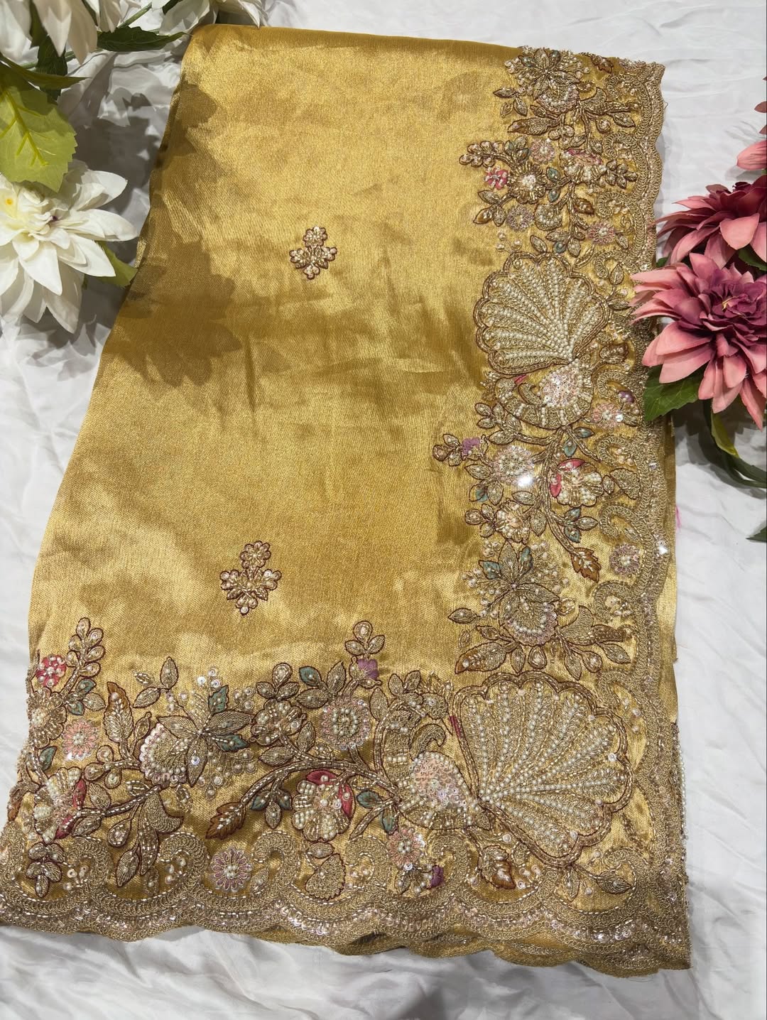 Royal Golden Designer Saree with Paisley Embroidery Pearl, Dori, Thread, Sequins and Cutdana Beads Work With Dupatta & Readymade Blouse - Image 11