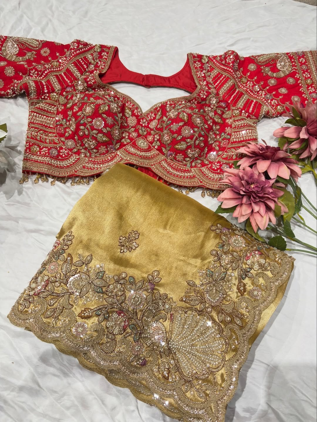 Royal Golden Designer Saree with Paisley Embroidery Pearl, Dori, Thread, Sequins and Cutdana Beads Work With Dupatta & Readymade Blouse - Image 13