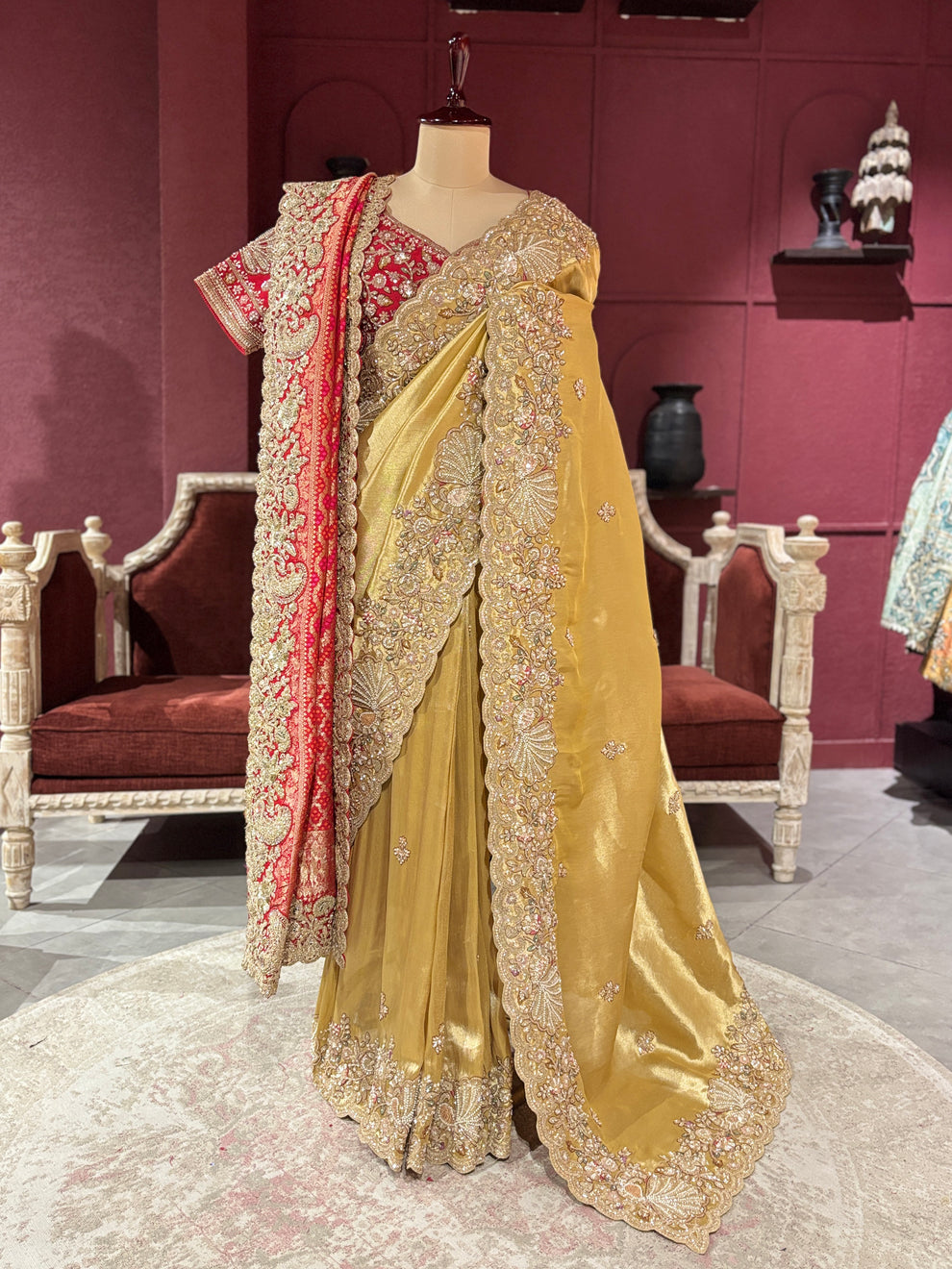 Royal Golden Designer Saree with Paisley Embroidery Pearl, Dori, Thread, Sequins and Cutdana Beads Work With Dupatta & Readymade Blouse