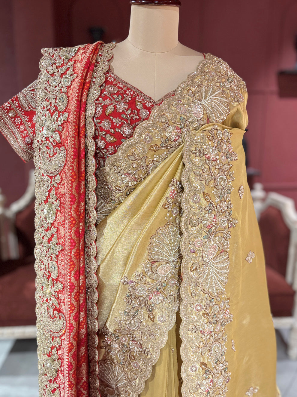 Royal Golden Designer Saree with Paisley Embroidery Pearl, Dori, Thread, Sequins and Cutdana Beads Work With Dupatta & Readymade Blouse - Image 2