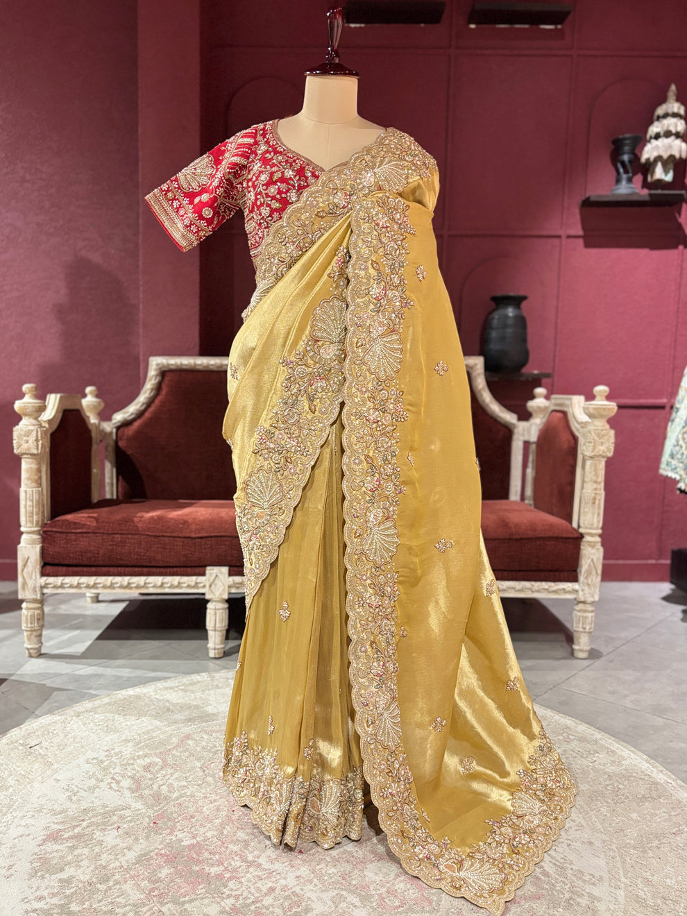 Royal Golden Designer Saree with Paisley Embroidery Pearl, Dori, Thread, Sequins and Cutdana Beads Work With Dupatta & Readymade Blouse - Image 9