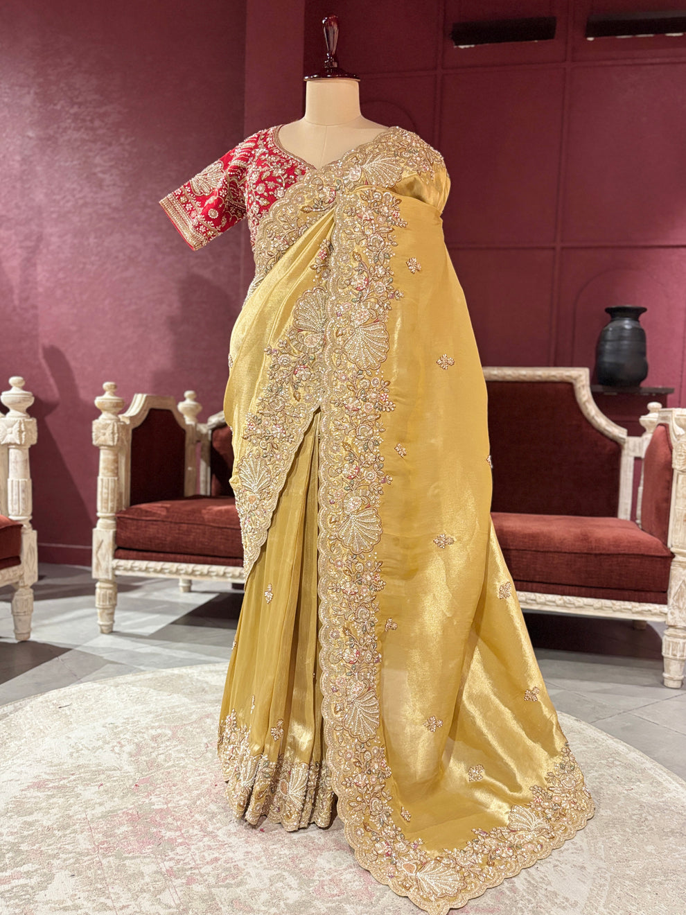 Royal Golden Designer Saree with Paisley Embroidery Pearl, Dori, Thread, Sequins and Cutdana Beads Work With Dupatta & Readymade Blouse - Image 4