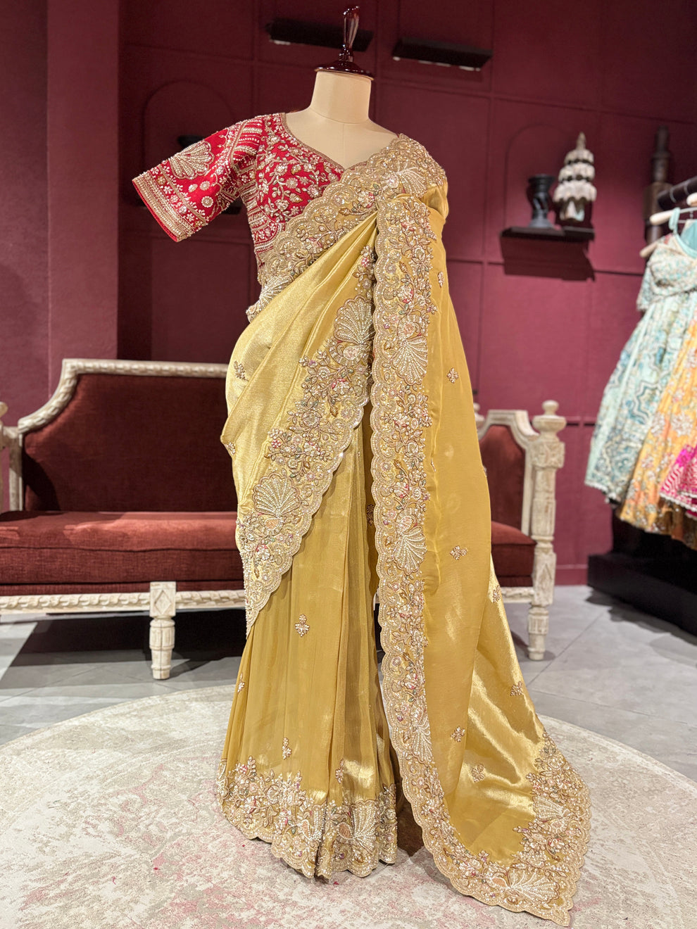 Royal Golden Designer Saree with Paisley Embroidery Pearl, Dori, Thread, Sequins and Cutdana Beads Work With Dupatta & Readymade Blouse - Image 5