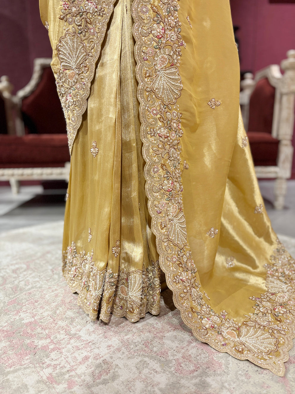 Royal Golden Designer Saree with Paisley Embroidery Pearl, Dori, Thread, Sequins and Cutdana Beads Work With Dupatta & Readymade Blouse - Image 8