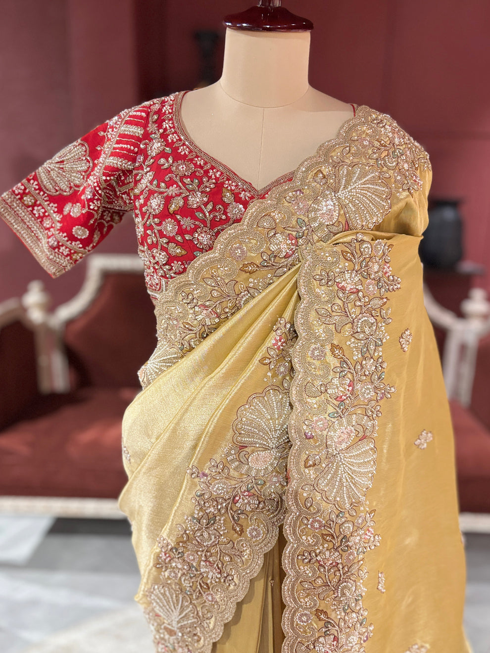 Royal Golden Designer Saree with Paisley Embroidery Pearl, Dori, Thread, Sequins and Cutdana Beads Work With Dupatta & Readymade Blouse - Image 3