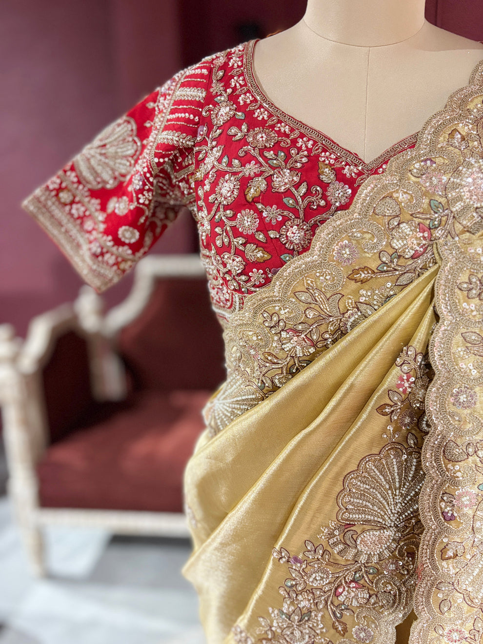 Royal Golden Designer Saree with Paisley Embroidery Pearl, Dori, Thread, Sequins and Cutdana Beads Work With Dupatta & Readymade Blouse - Image 6