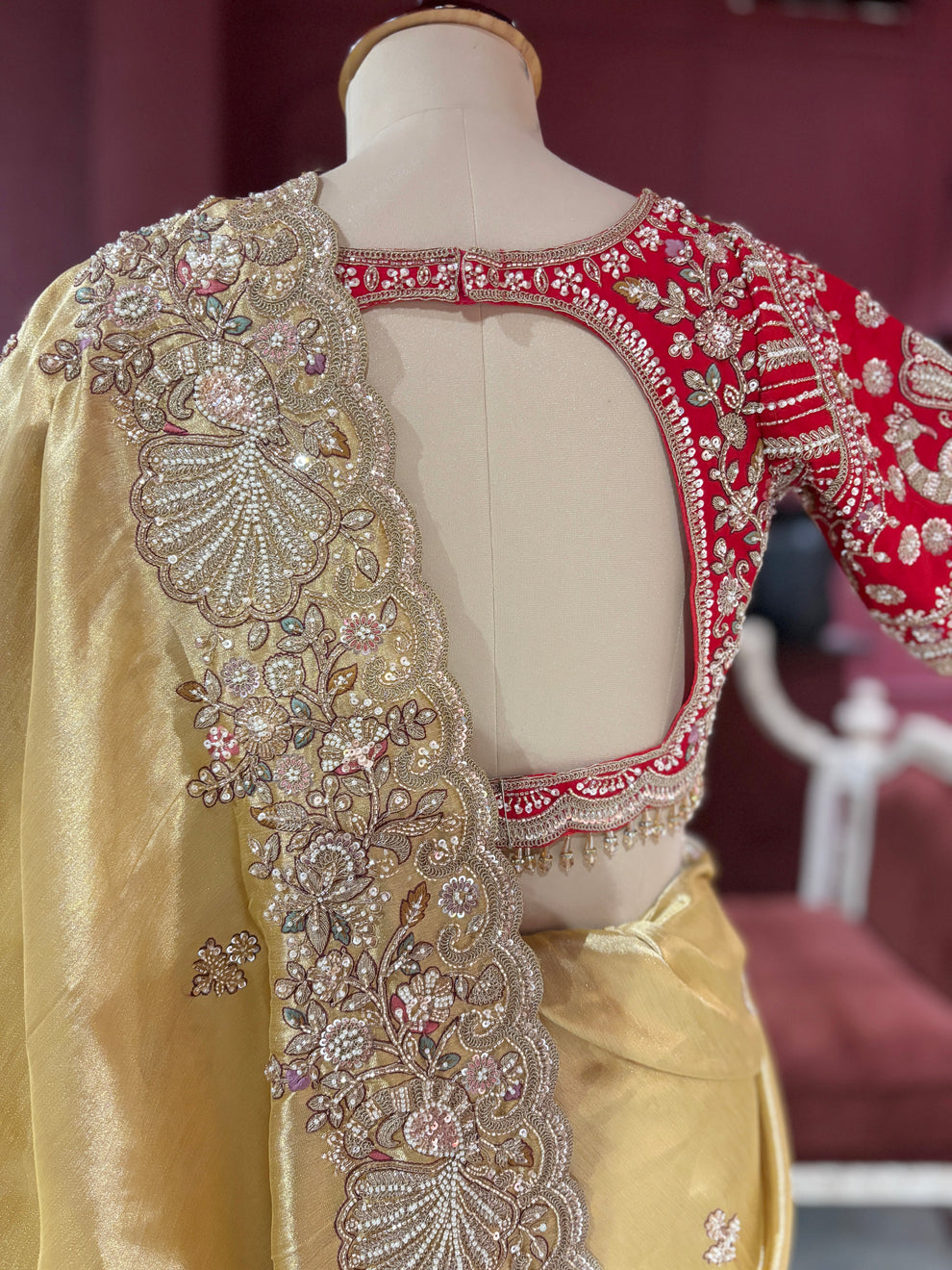 Royal Golden Designer Saree with Paisley Embroidery Pearl, Dori, Thread, Sequins and Cutdana Beads Work With Dupatta & Readymade Blouse - Image 7