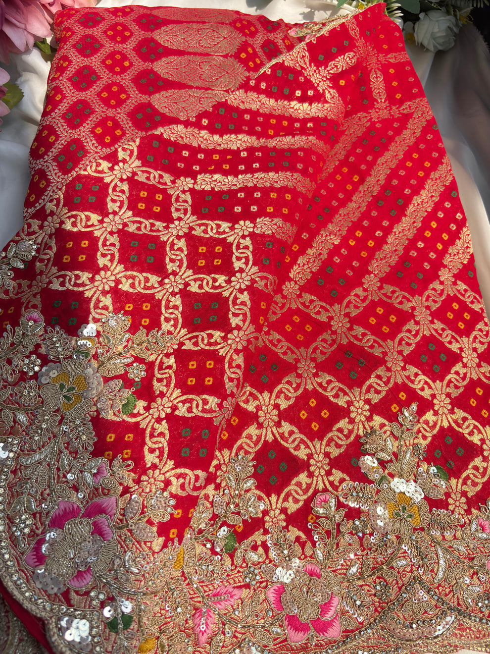 Royale Red Designer Saree with Gold Detailing and Motifs with Gota patti Multi thread, Pearl, Dori, Sequins and Cutdana Beads Work (SC95222) - Image 7