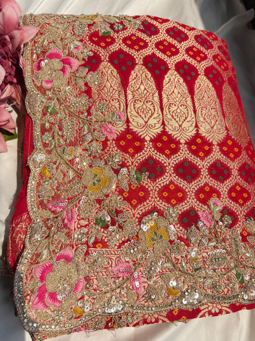 Royale Red Designer Saree with Gold Detailing and Motifs with Gota patti Multi thread, Pearl, Dori, Sequins and Cutdana Beads Work (SC95222) - Image 2
