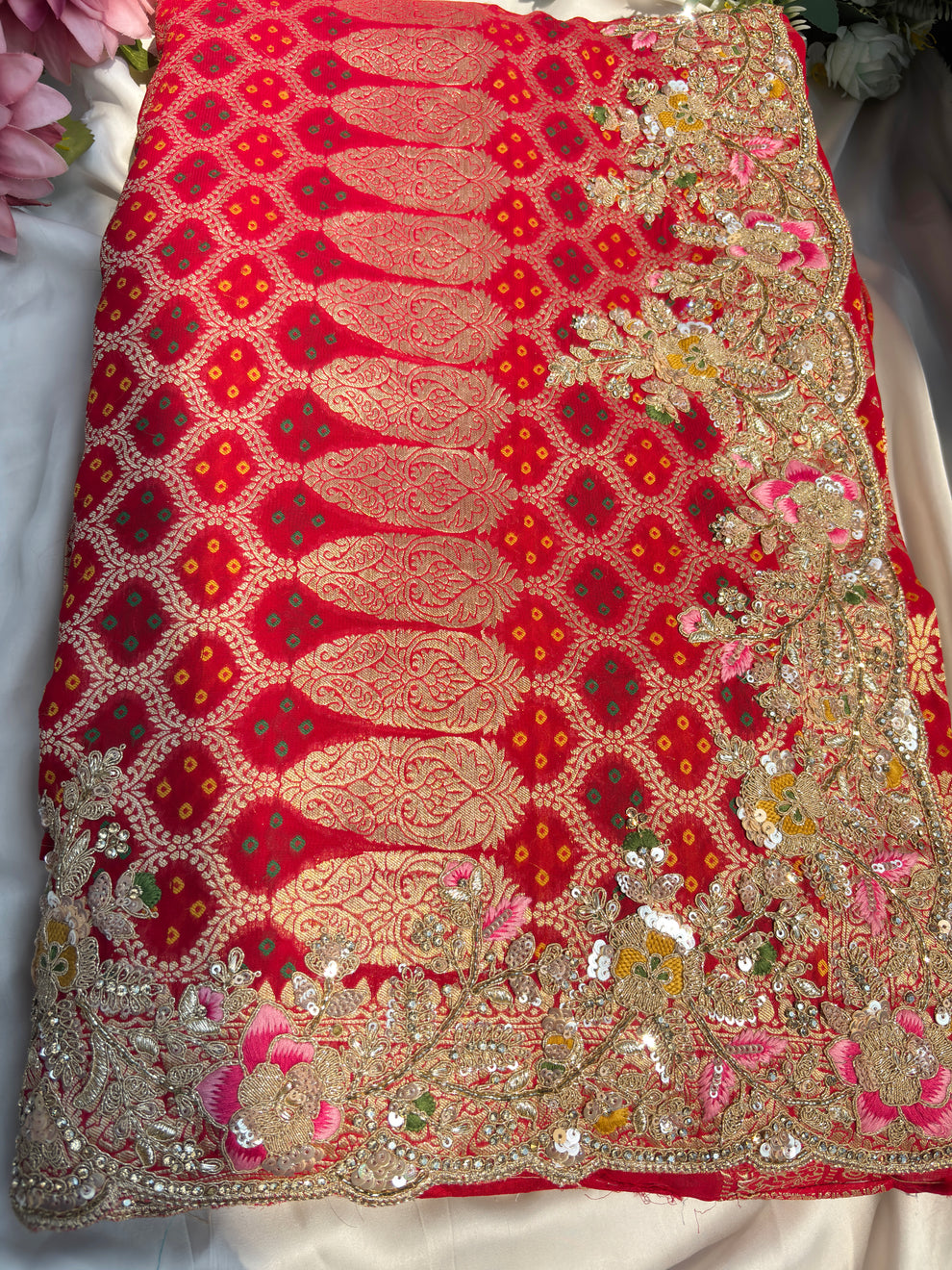 Royale Red Designer Saree with Gold Detailing and Motifs with Gota patti Multi thread, Pearl, Dori, Sequins and Cutdana Beads Work (SC95222)