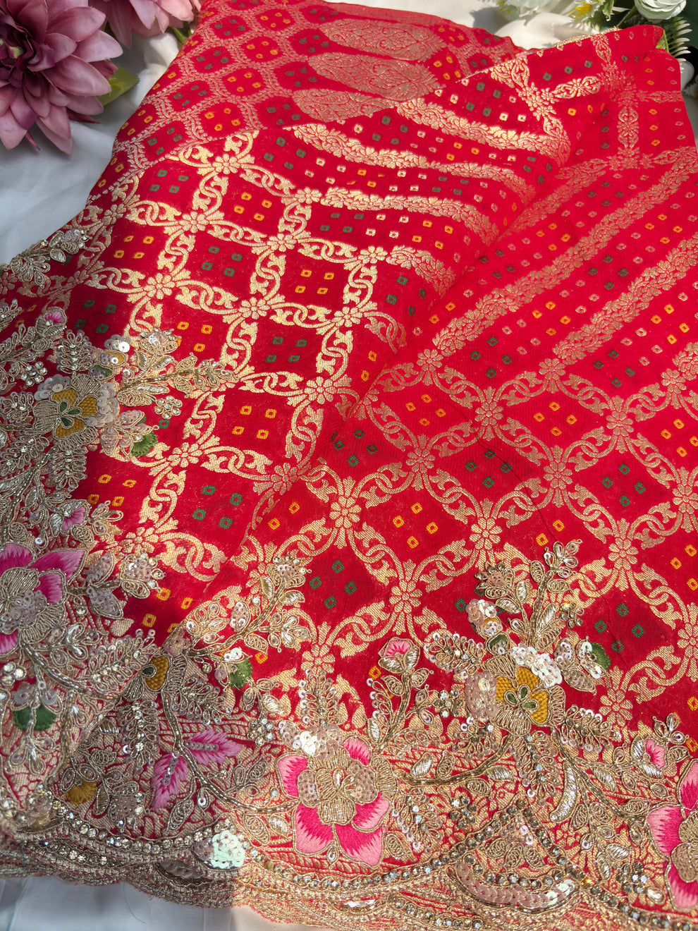 Royale Red Designer Saree with Gold Detailing and Motifs with Gota patti Multi thread, Pearl, Dori, Sequins and Cutdana Beads Work (SC95222) - Image 4
