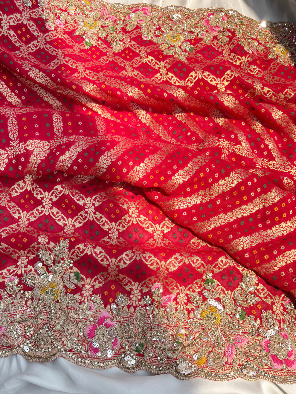 Royale Red Designer Saree with Gold Detailing and Motifs with Gota patti Multi thread, Pearl, Dori, Sequins and Cutdana Beads Work (SC95222) - Image 6
