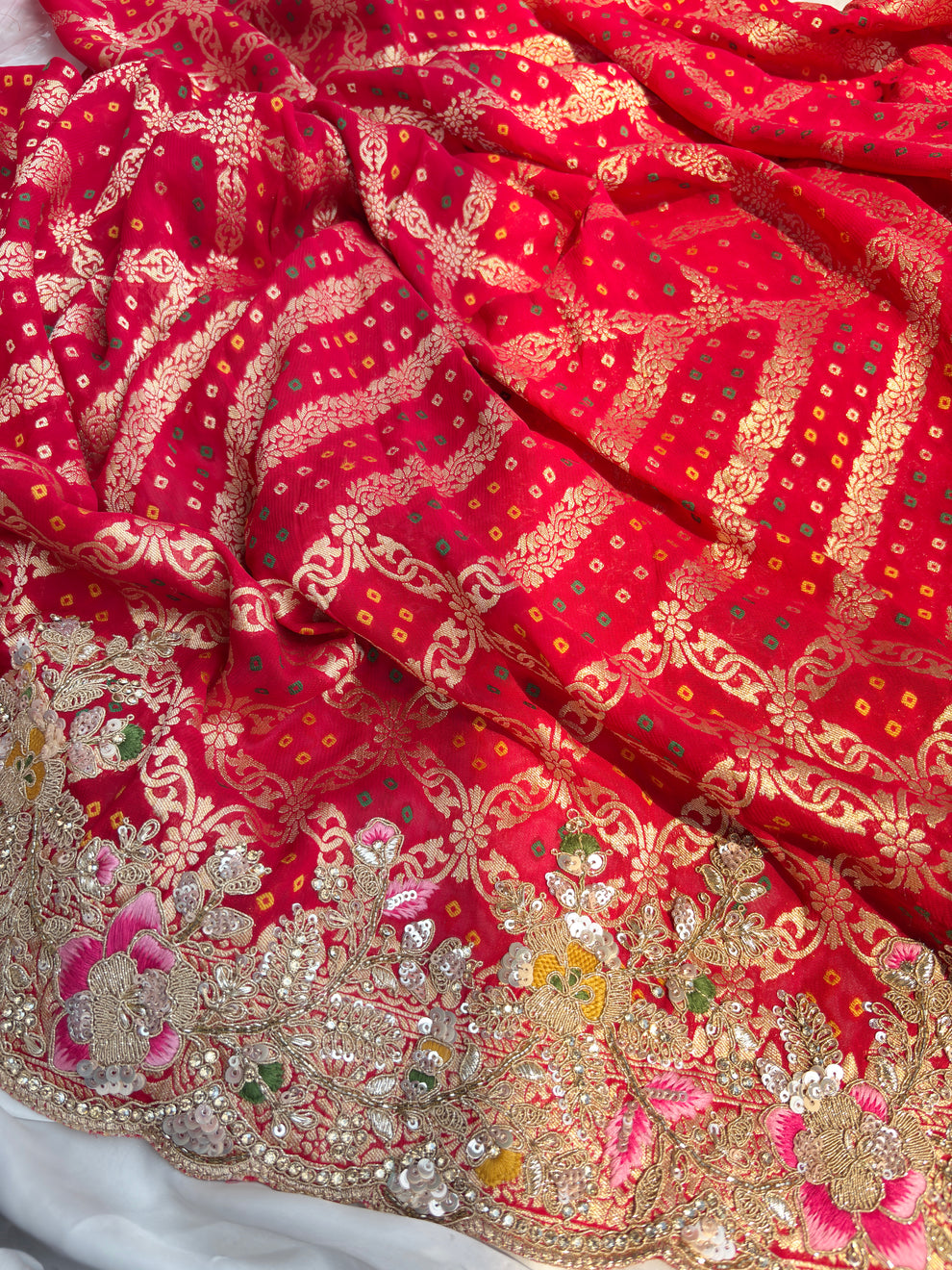 Royale Red Designer Saree with Gold Detailing and Motifs with Gota patti Multi thread, Pearl, Dori, Sequins and Cutdana Beads Work (SC95222) - Image 3