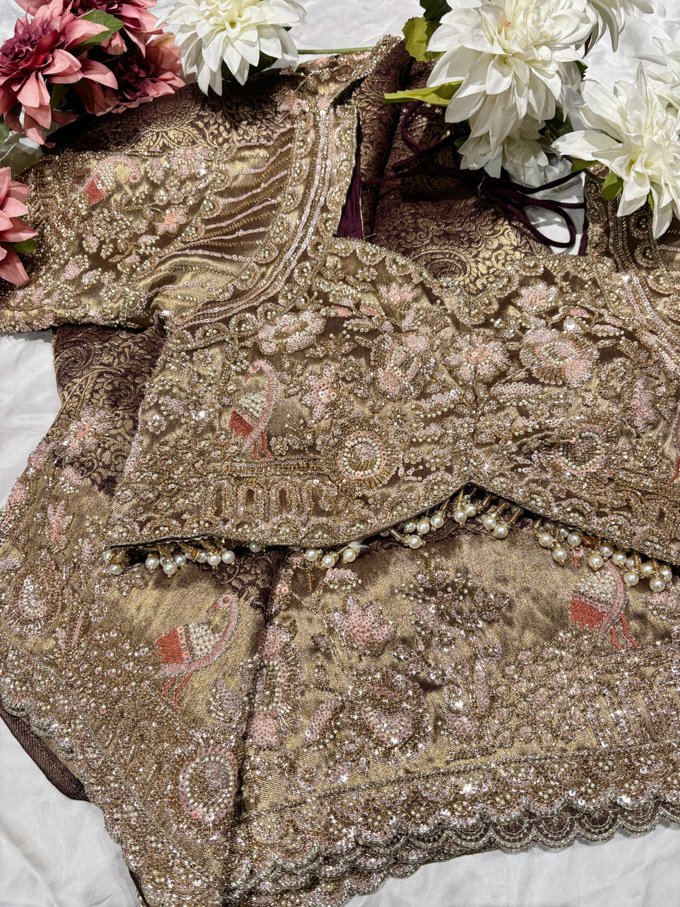 Royale Golden Luxury Designer Saree with Pearl, Zari, Sequins, Cutdana, Beads, Embroidery Work Saree with Readymade Blouse (SC45113) - Image 2