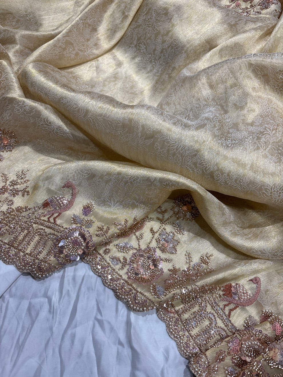 Royale Rani Ivory Luxury Designer Silk Floral Saree with Pearl, Zari, Sequins, Cutdana, Beads, Embroidery Work Saree (SC45115) - Image 6