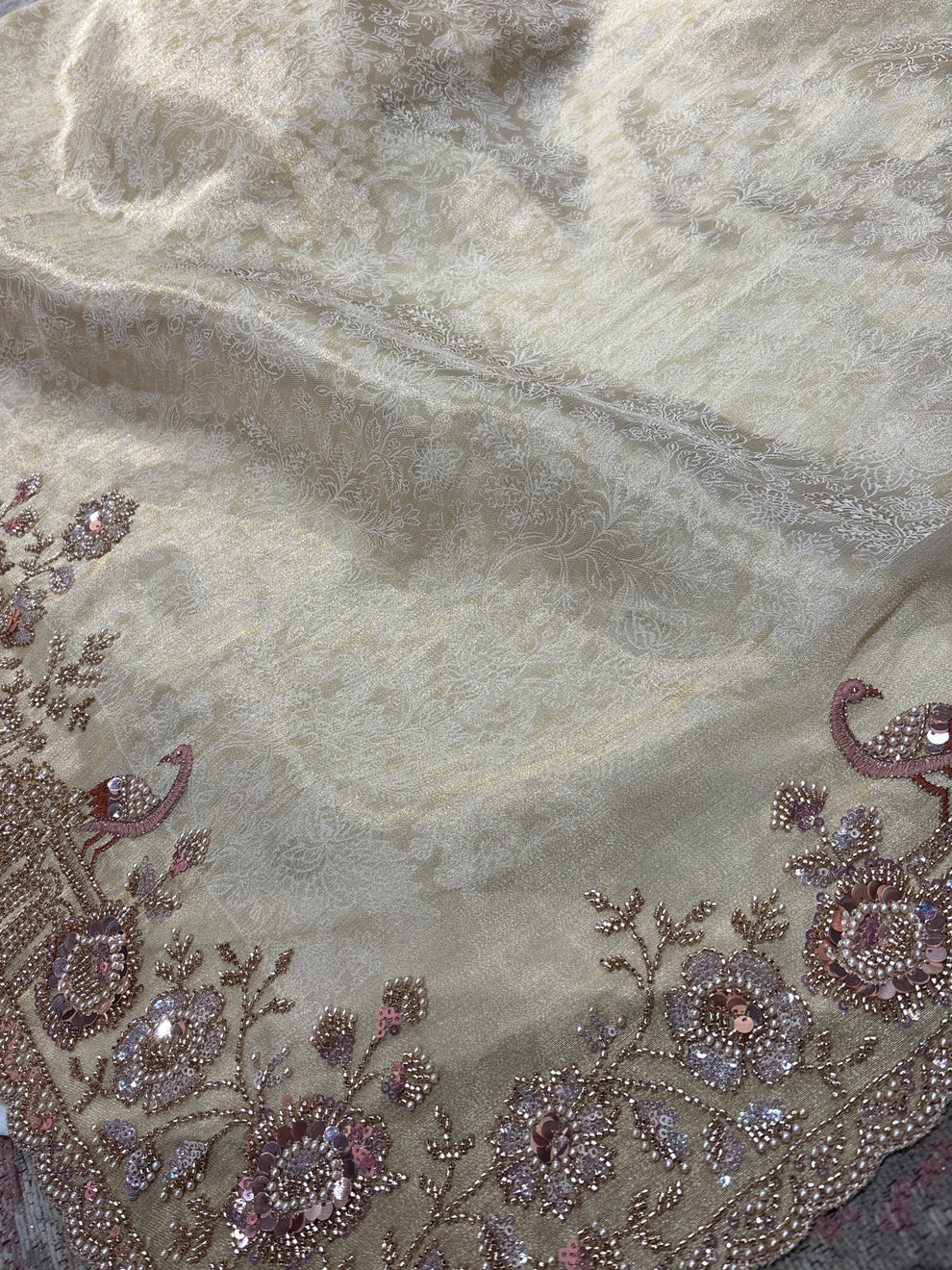 Royale Rani Ivory Luxury Designer Silk Floral Saree with Pearl, Zari, Sequins, Cutdana, Beads, Embroidery Work Saree (SC45115) - Image 2