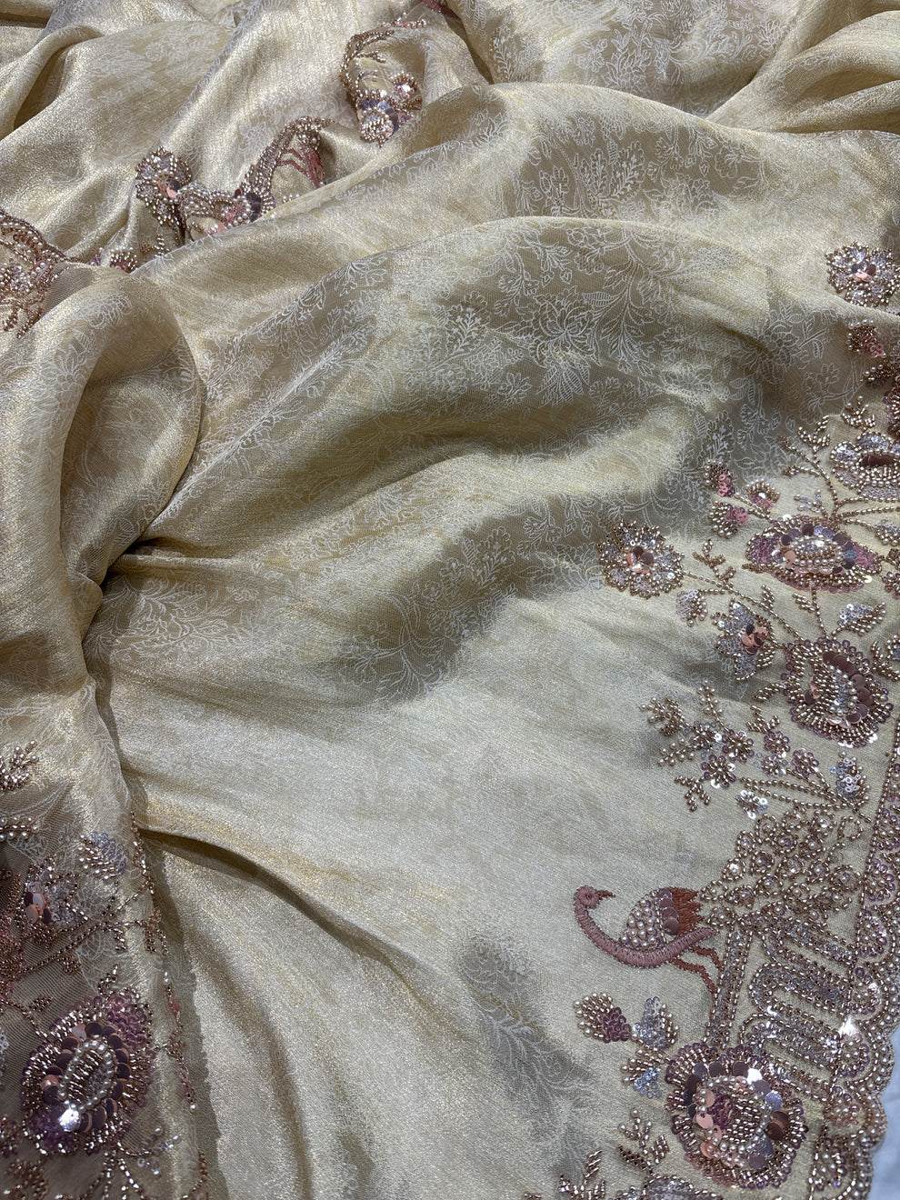 Royale Rani Ivory Luxury Designer Silk Floral Saree with Pearl, Zari, Sequins, Cutdana, Beads, Embroidery Work Saree (SC45115) - Image 4