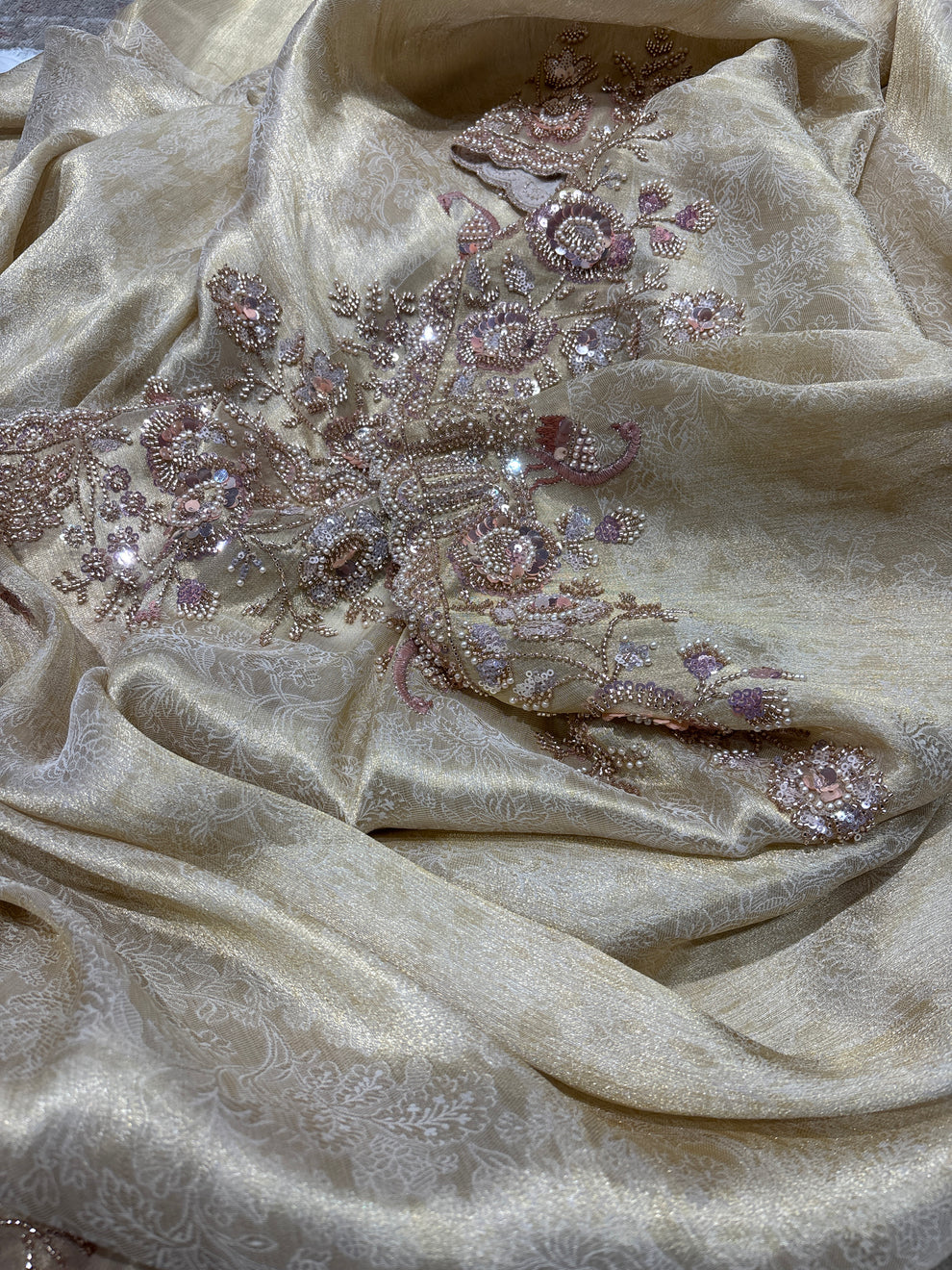 Royale Rani Ivory Luxury Designer Silk Floral Saree with Pearl, Zari, Sequins, Cutdana, Beads, Embroidery Work Saree (SC45115) - Image 3