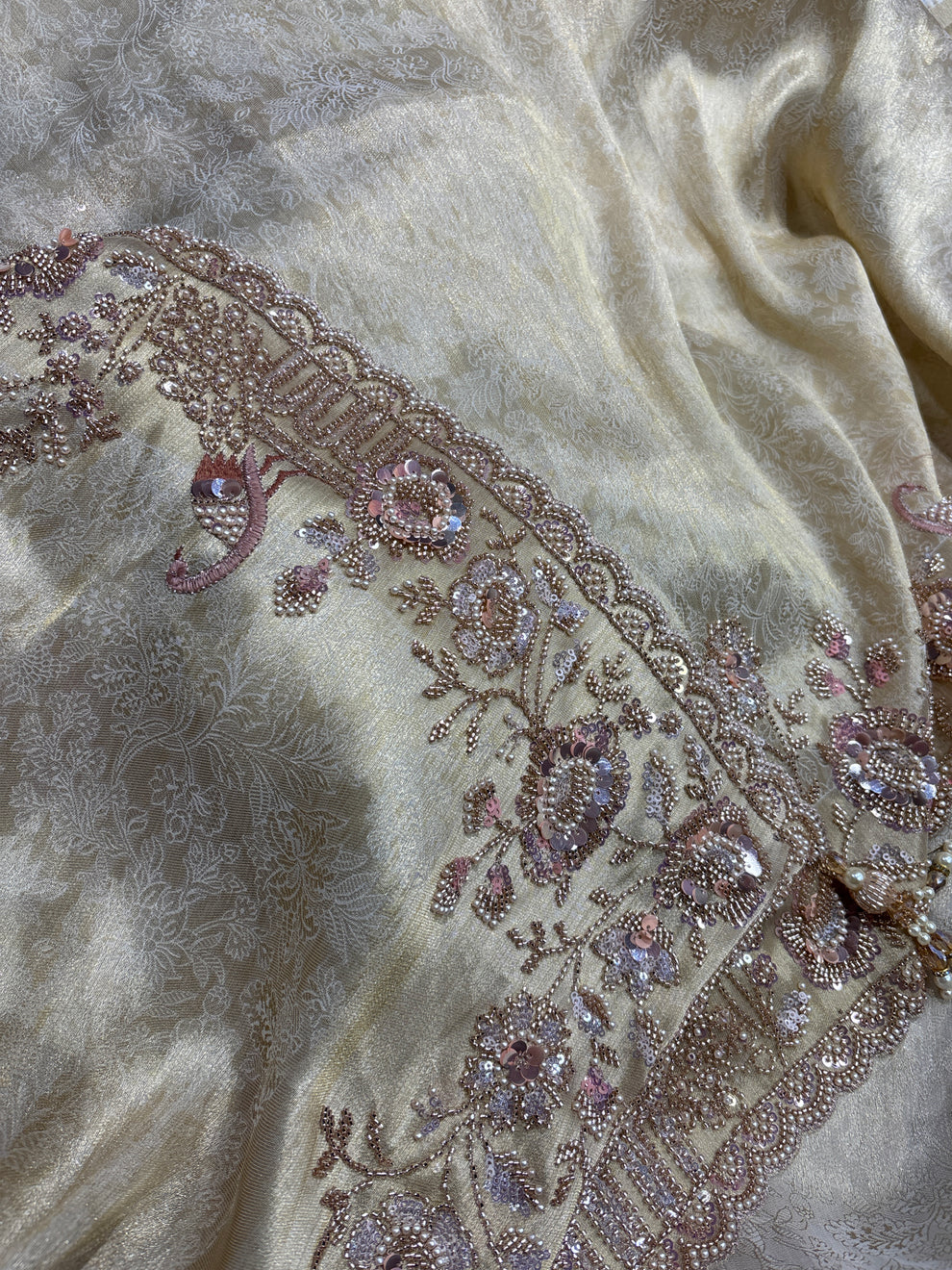 Royale Rani Ivory Luxury Designer Silk Floral Saree with Pearl, Zari, Sequins, Cutdana, Beads, Embroidery Work Saree (SC45115) - Image 5