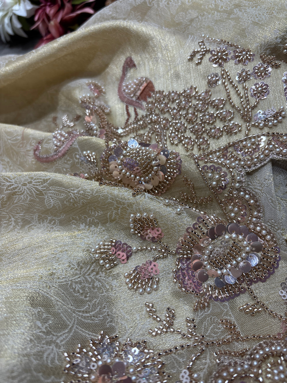 Royale Rani Ivory Luxury Designer Silk Floral Saree with Pearl, Zari, Sequins, Cutdana, Beads, Embroidery Work Saree (SC45115) - Image 7