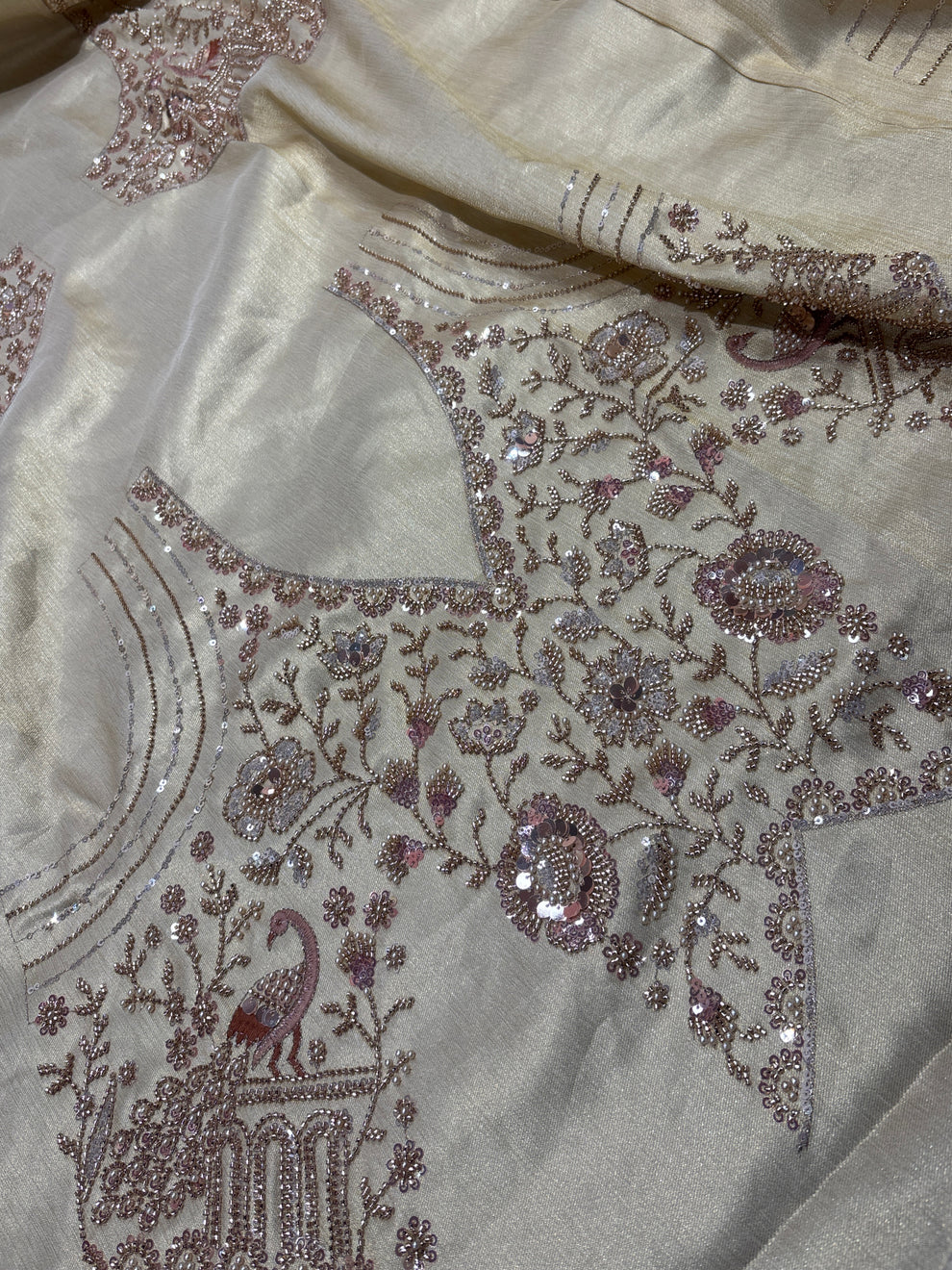 Royale Rani Ivory Luxury Designer Silk Floral Saree with Pearl, Zari, Sequins, Cutdana, Beads, Embroidery Work Saree (SC45115) - Image 8