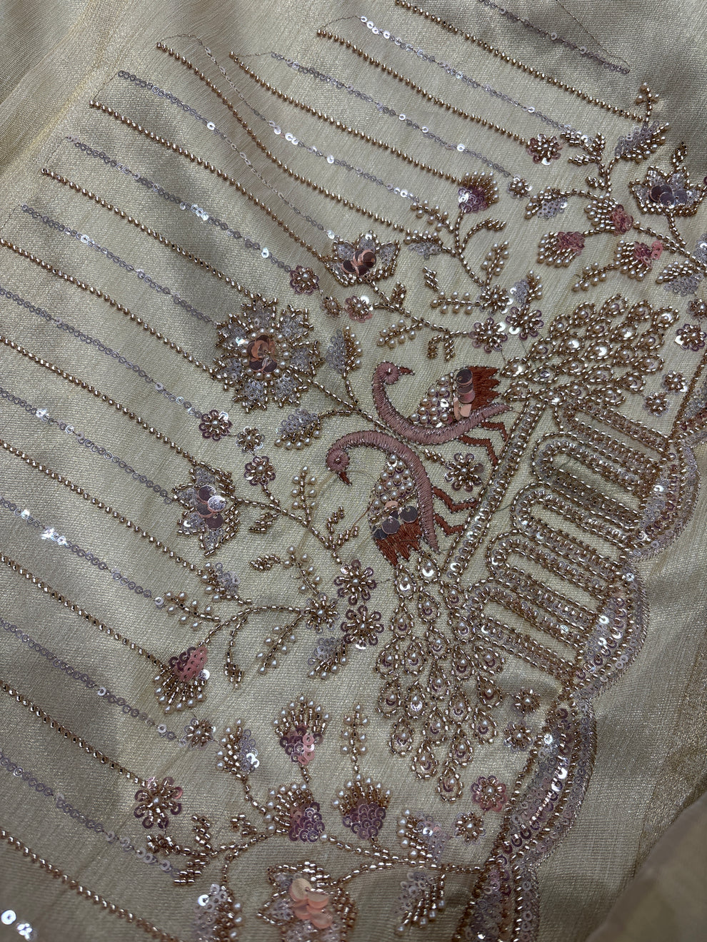 Royale Rani Ivory Luxury Designer Silk Floral Saree with Pearl, Zari, Sequins, Cutdana, Beads, Embroidery Work Saree (SC45115) - Image 10