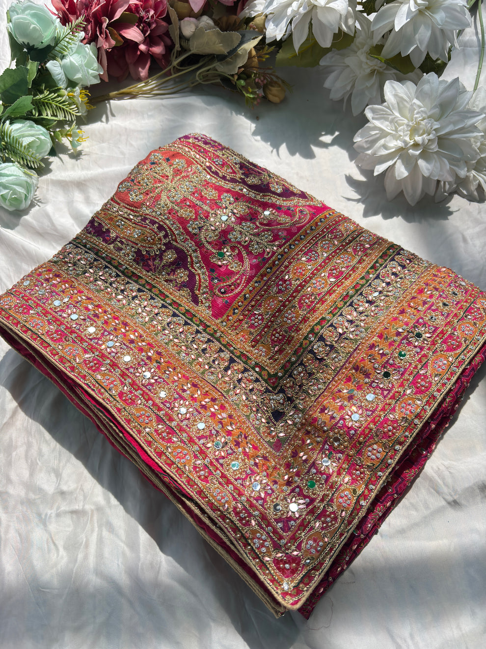 Royal Luxury Pink Pure Crepe Silk Designer Saree with Pearl, Mirror, Zari, Sequins Embroidery and American Diamond Work with Readymade Blouse (SC94111) - Image 14