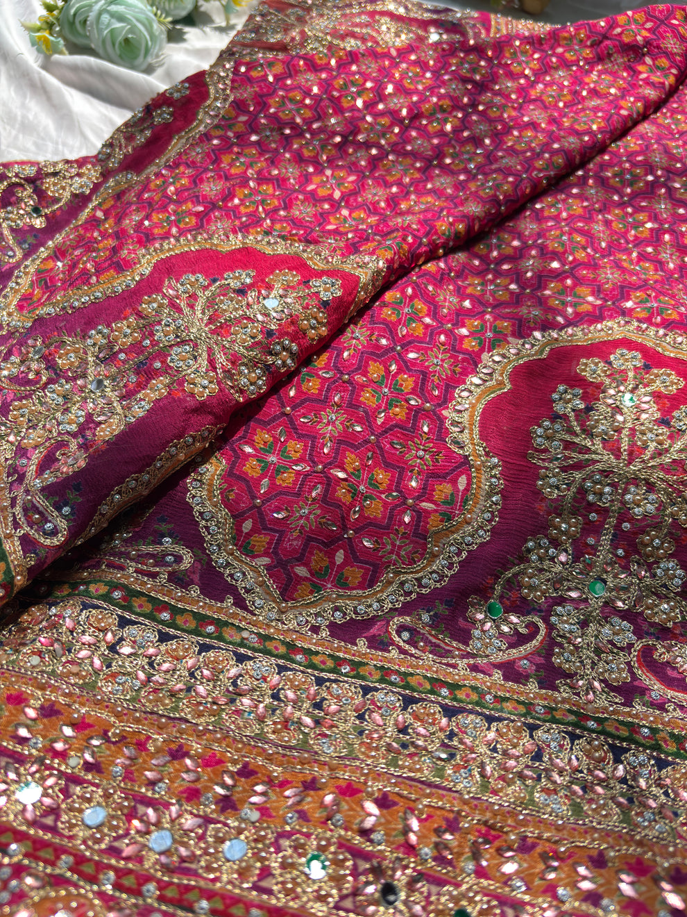 Royal Luxury Pink Pure Crepe Silk Designer Saree with Pearl, Mirror, Zari, Sequins Embroidery and American Diamond Work with Readymade Blouse (SC94111) - Image 17