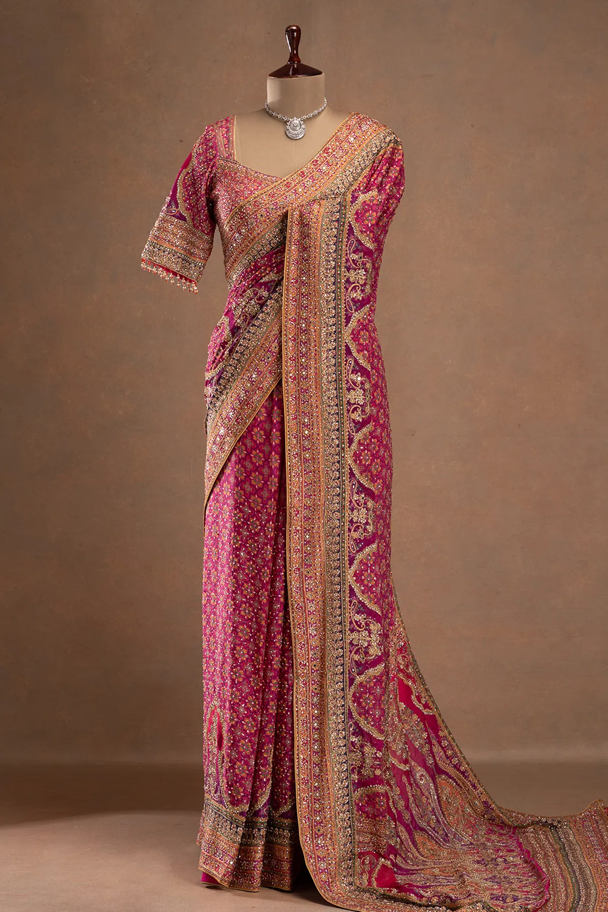 Royal Luxury Pink Pure Crepe Silk Designer Saree with Pearl, Mirror, Zari, Sequins Embroidery and American Diamond Work with Readymade Blouse (SC94111) - Image 2